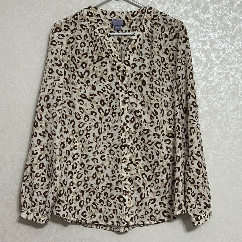 Laura Scott Leopard Animal Print Long Sleeve Button Up Blouse Neutral Colors L